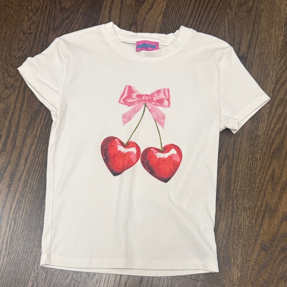 Edikted White Tee with Red Heart and Pink Bow
